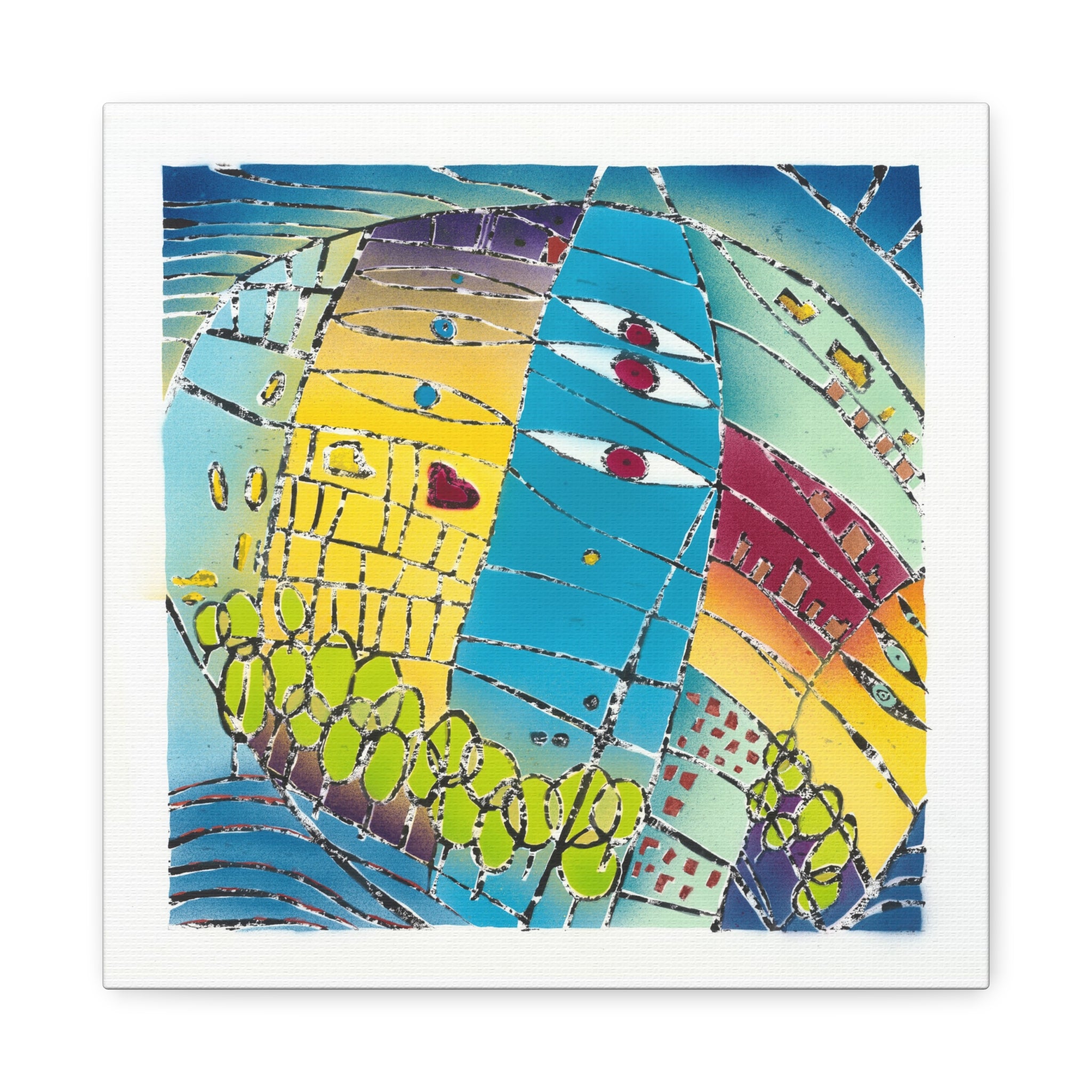 1aa. Beautiful World - Hand painted woodblock print Abstract Matte Canvas - Brightly saturated Wall Art