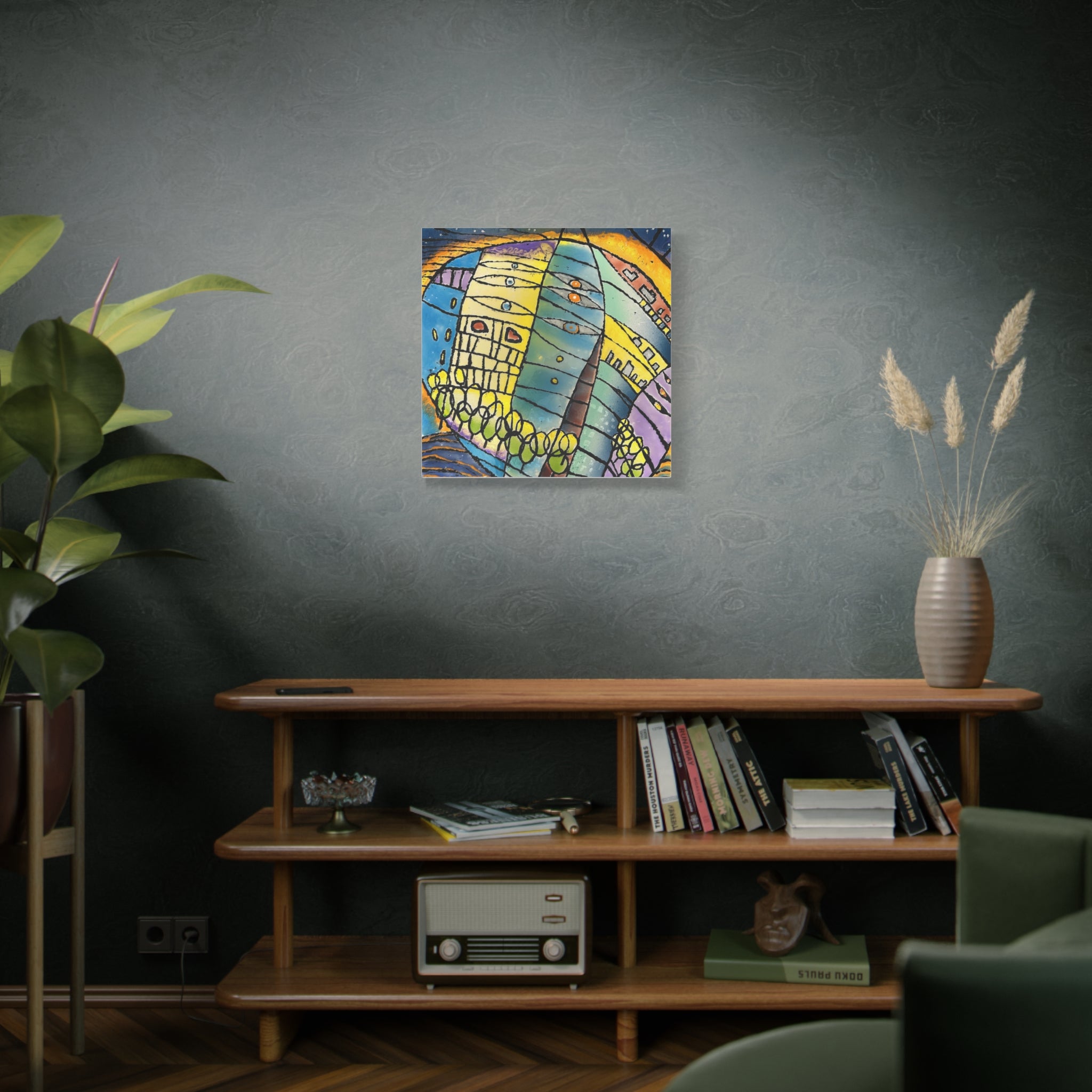 World at Dusk - Hand painted woodblock print Abstract Matte Canvas - Brightly saturated Wall Art
