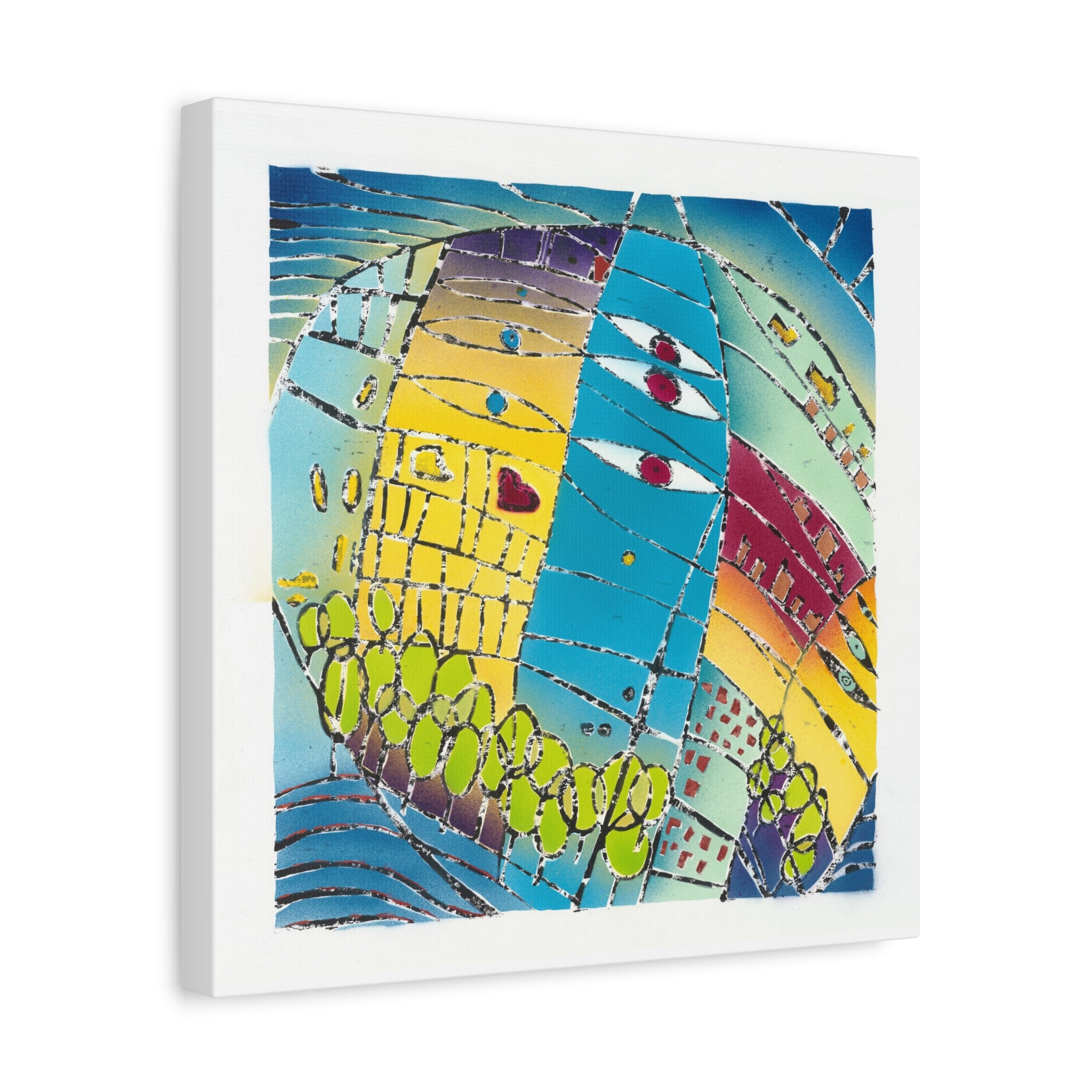 1aa. Beautiful World - Hand painted woodblock print Abstract Matte Canvas - Brightly saturated Wall Art