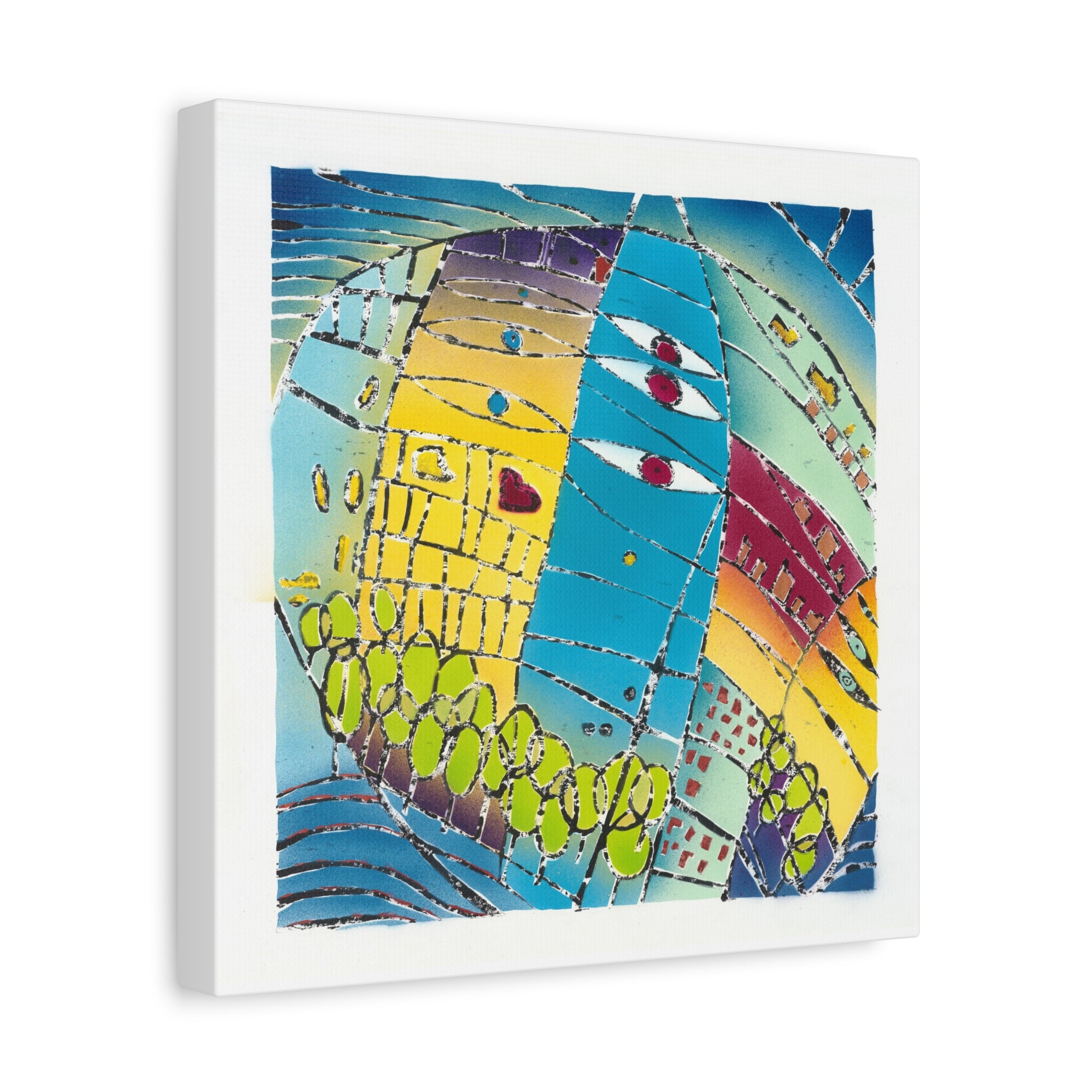 1aa. Beautiful World - Hand painted woodblock print Abstract Matte Canvas - Brightly saturated Wall Art