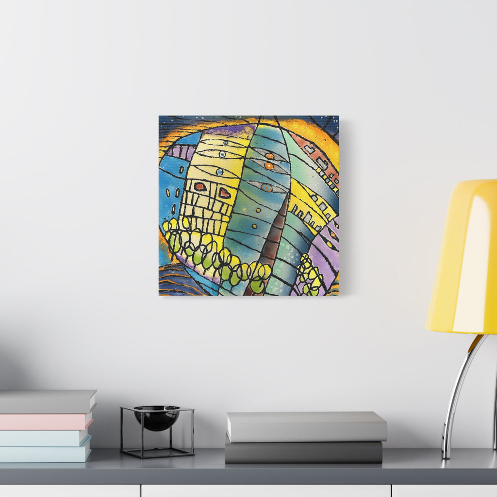 World at Dusk - Hand painted woodblock print Abstract Matte Canvas - Brightly saturated Wall Art