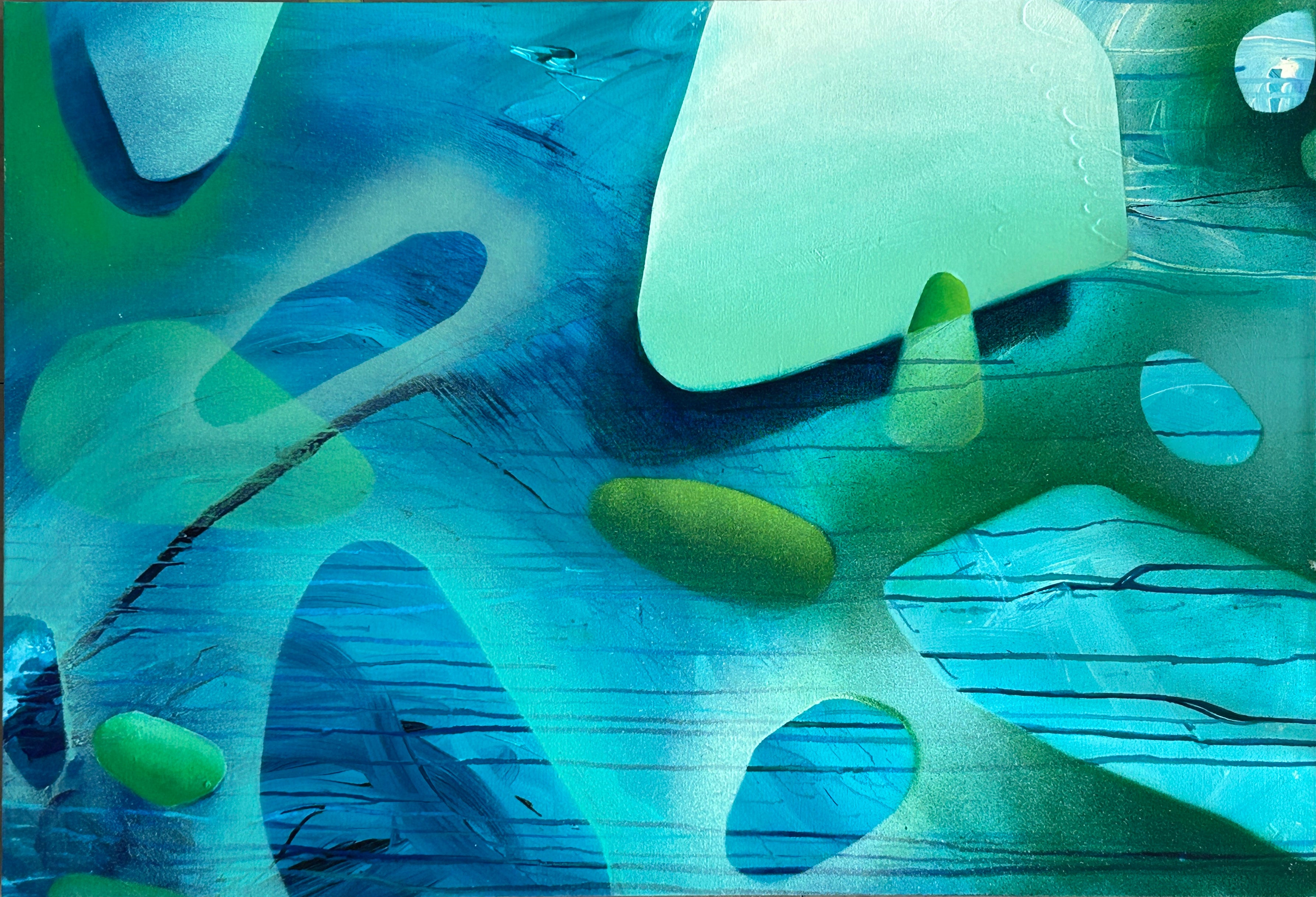 1. Memory Vessels I - Sea Glass Inspired Abstract Matte Canvas - Caribbean Blue & Emerald Wall Art