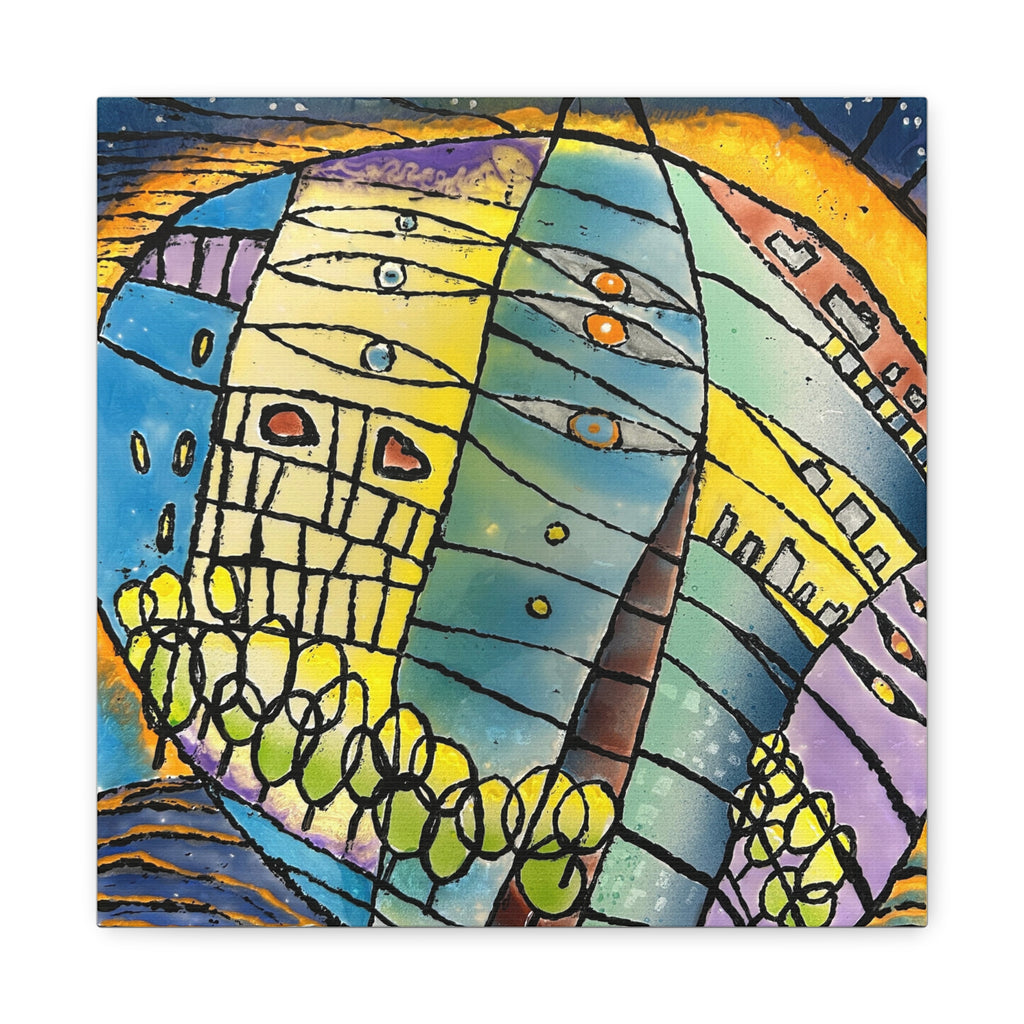 World at Dusk - Hand painted woodblock print Abstract Matte Canvas - Brightly saturated Wall Art
