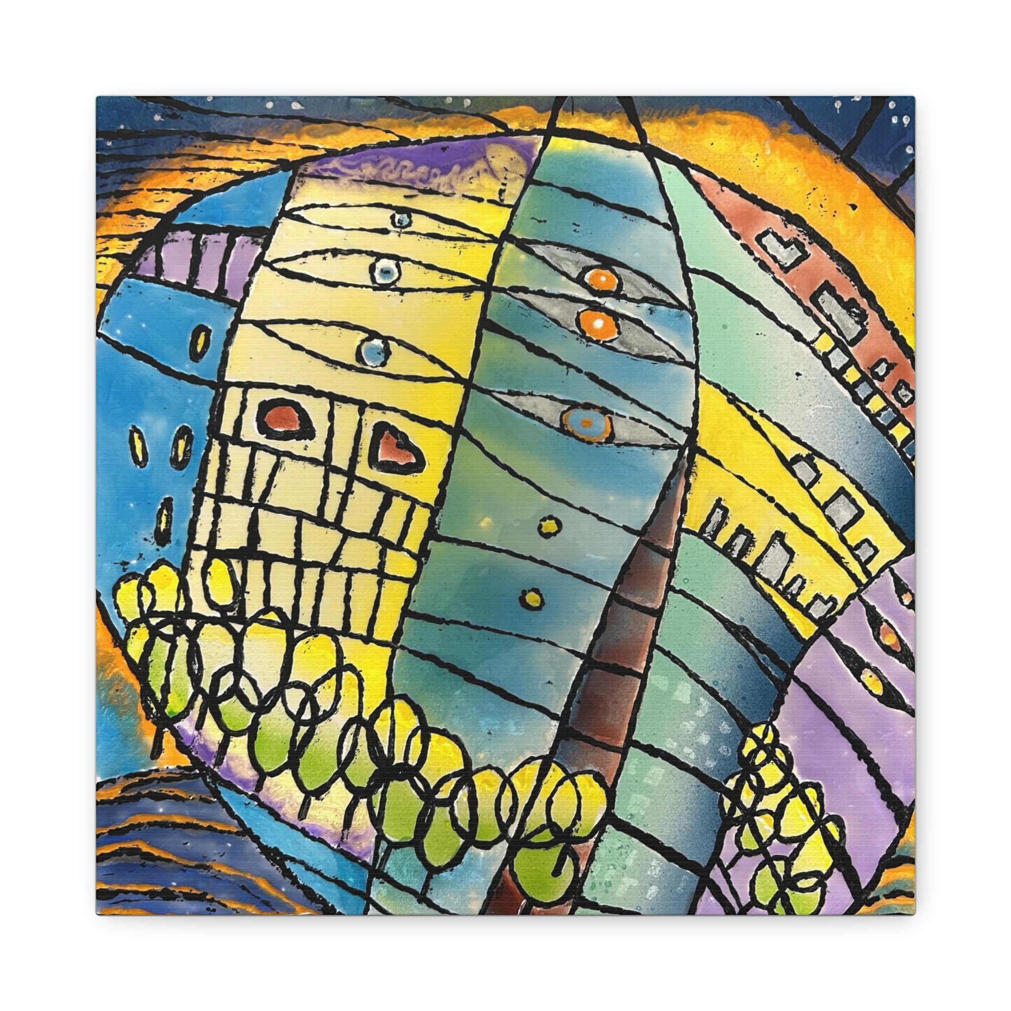 World at Dusk - Hand painted woodblock print Abstract Matte Canvas - Brightly saturated Wall Art