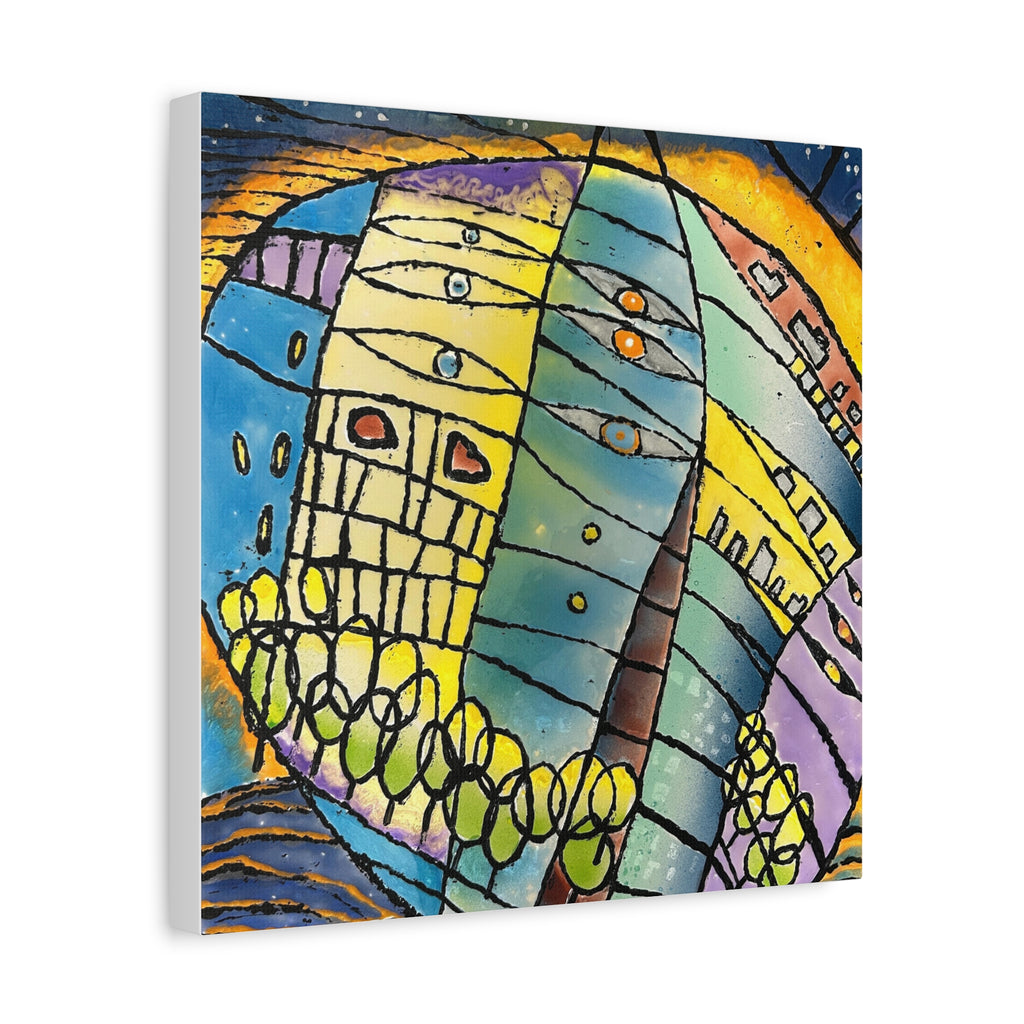 World at Dusk - Hand painted woodblock print Abstract Matte Canvas - Brightly saturated Wall Art