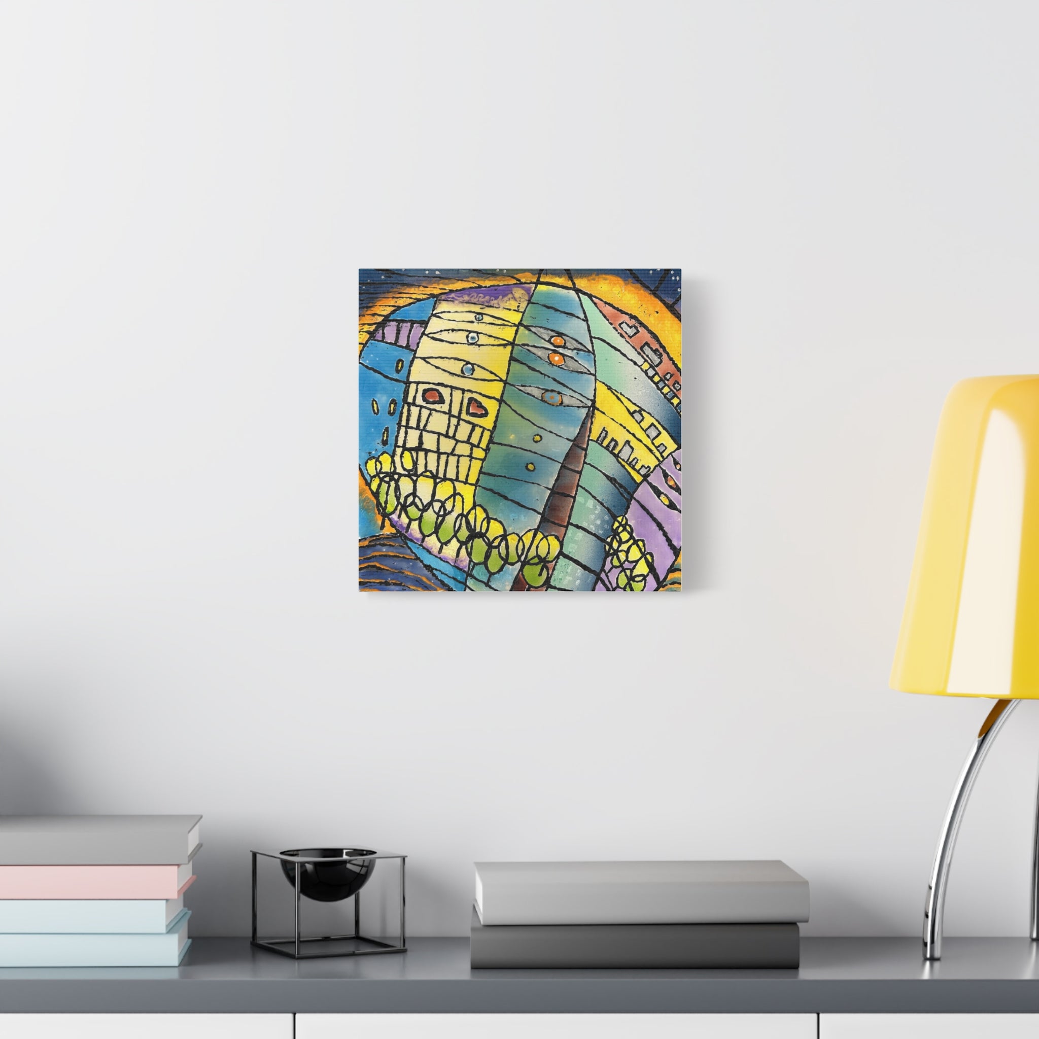 World at Dusk - Hand painted woodblock print Abstract Matte Canvas - Brightly saturated Wall Art