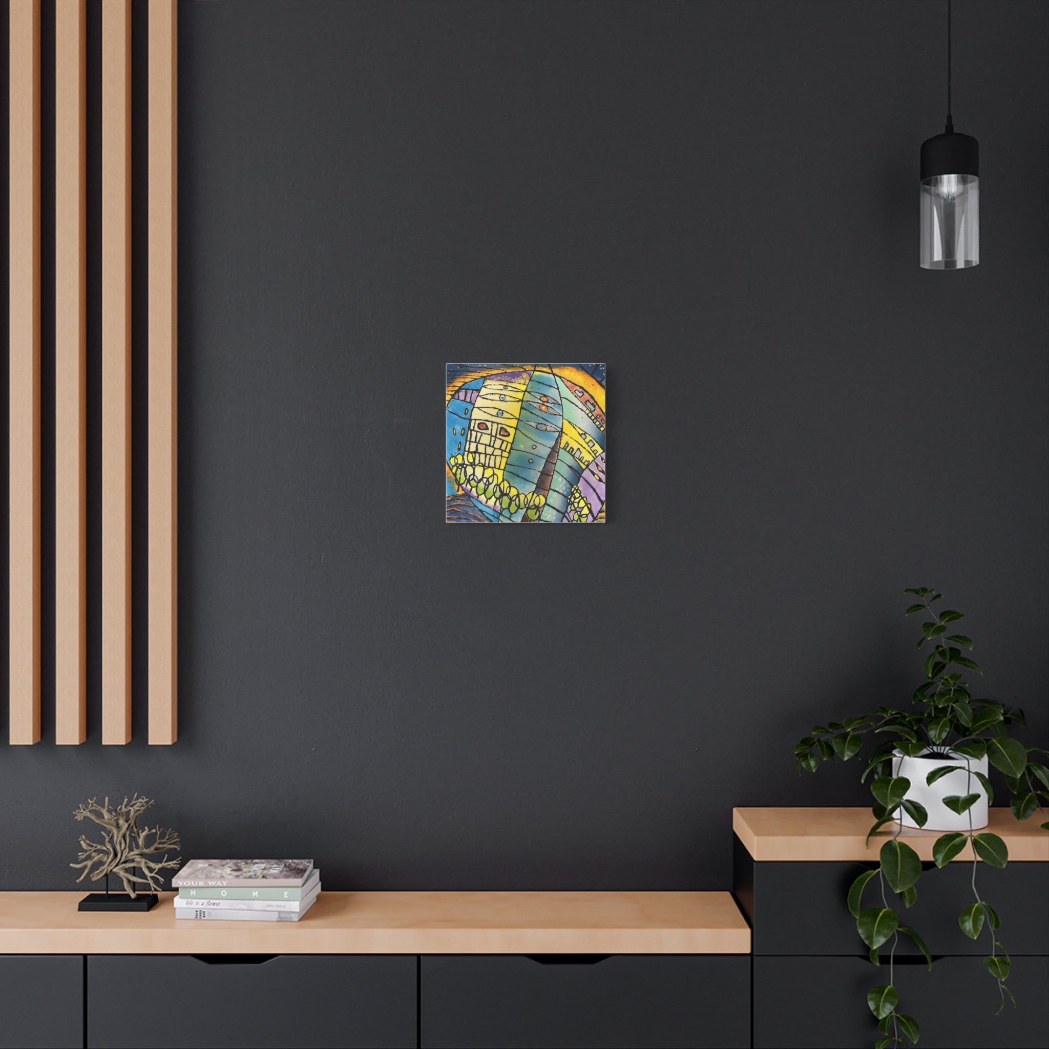 World at Dusk - Hand painted woodblock print Abstract Matte Canvas - Brightly saturated Wall Art