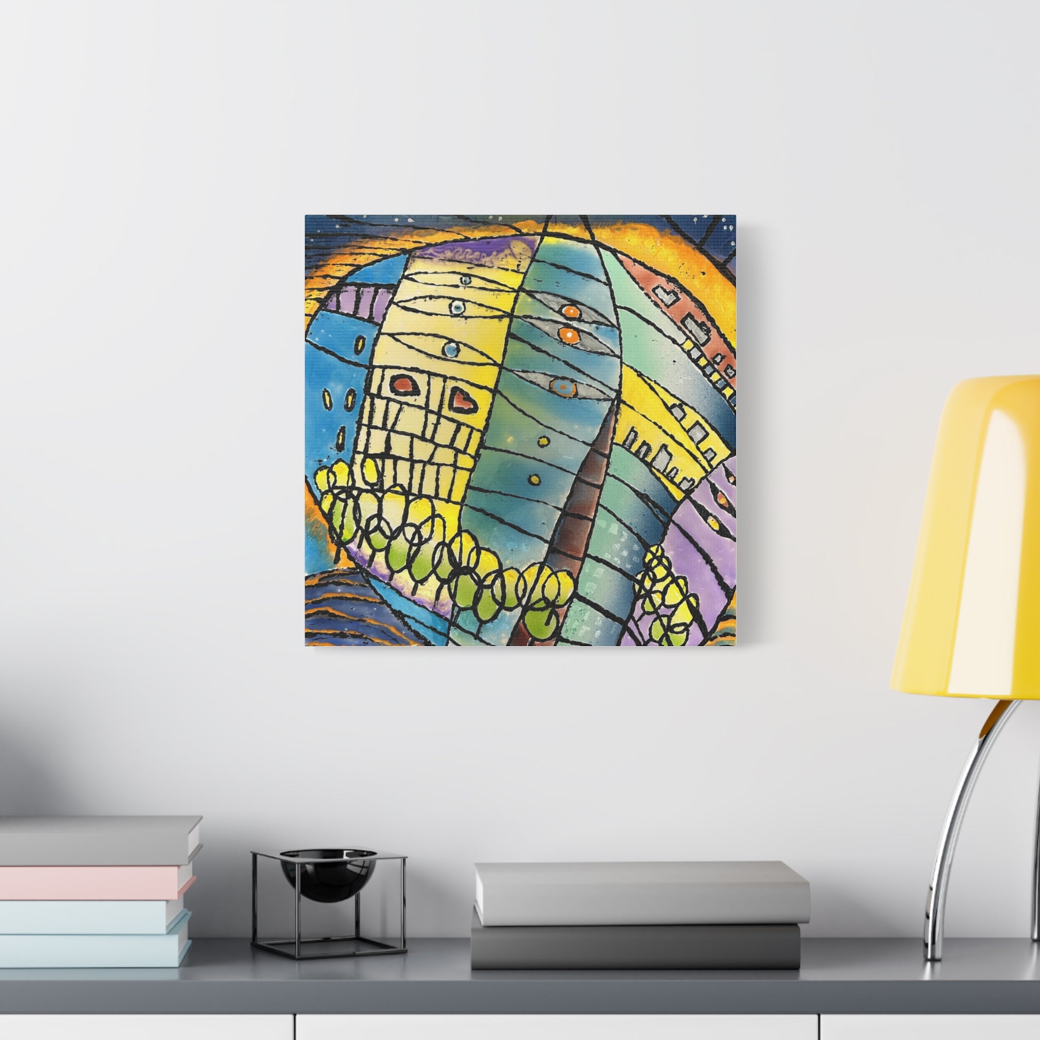 World at Dusk - Hand painted woodblock print Abstract Matte Canvas - Brightly saturated Wall Art